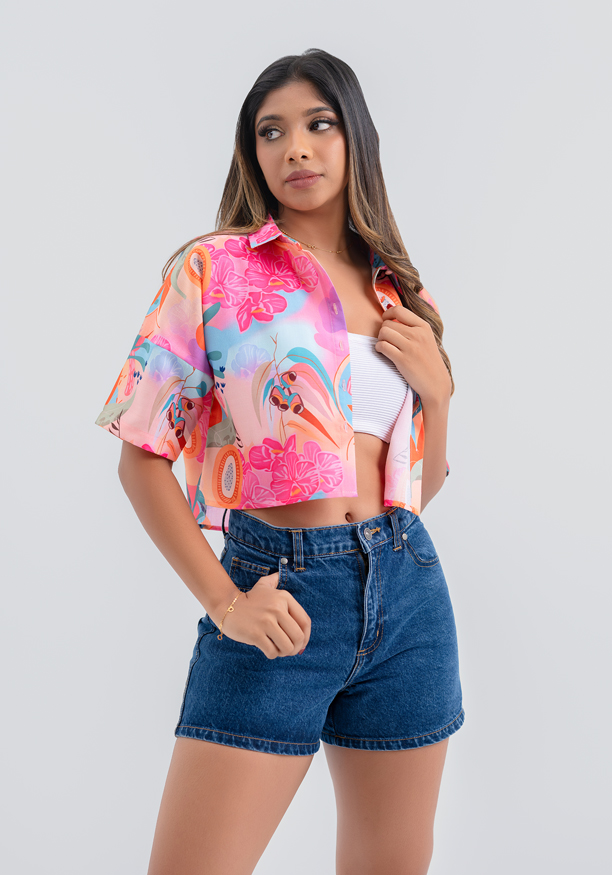 LORELA PINK PRINTED CROP BLOUSE